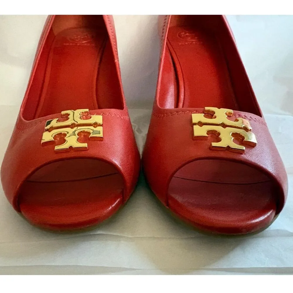 Women's Tory Burch Scarlett Red Leather Wedge Pumps Size 8.5
